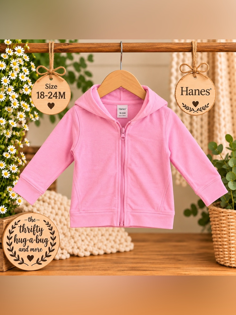 🌸 Hanes Pink Zip-Up Hoodie | Girls 18–24M